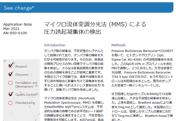 マイクロ流体変調分光法(MMS)による 圧⼒誘起凝集体の検出