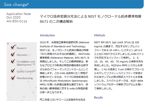 マイクロ流体変調分光法によるNISTモノクローナル抗体標準物質8671の⼆次構造解析