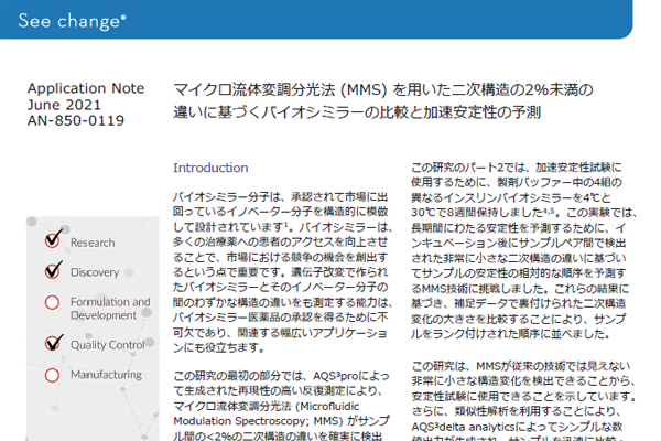 マイクロ流体変調分光法を⽤いた⼆次構造の2%未満の違いに基づくバイオシミラーの⽐較と加速安定性の予測