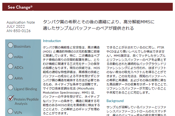 タンパク質の希釈とその後の濃縮により、⾼分解能MMSに適したサンプル/バッファーのペアが提供される